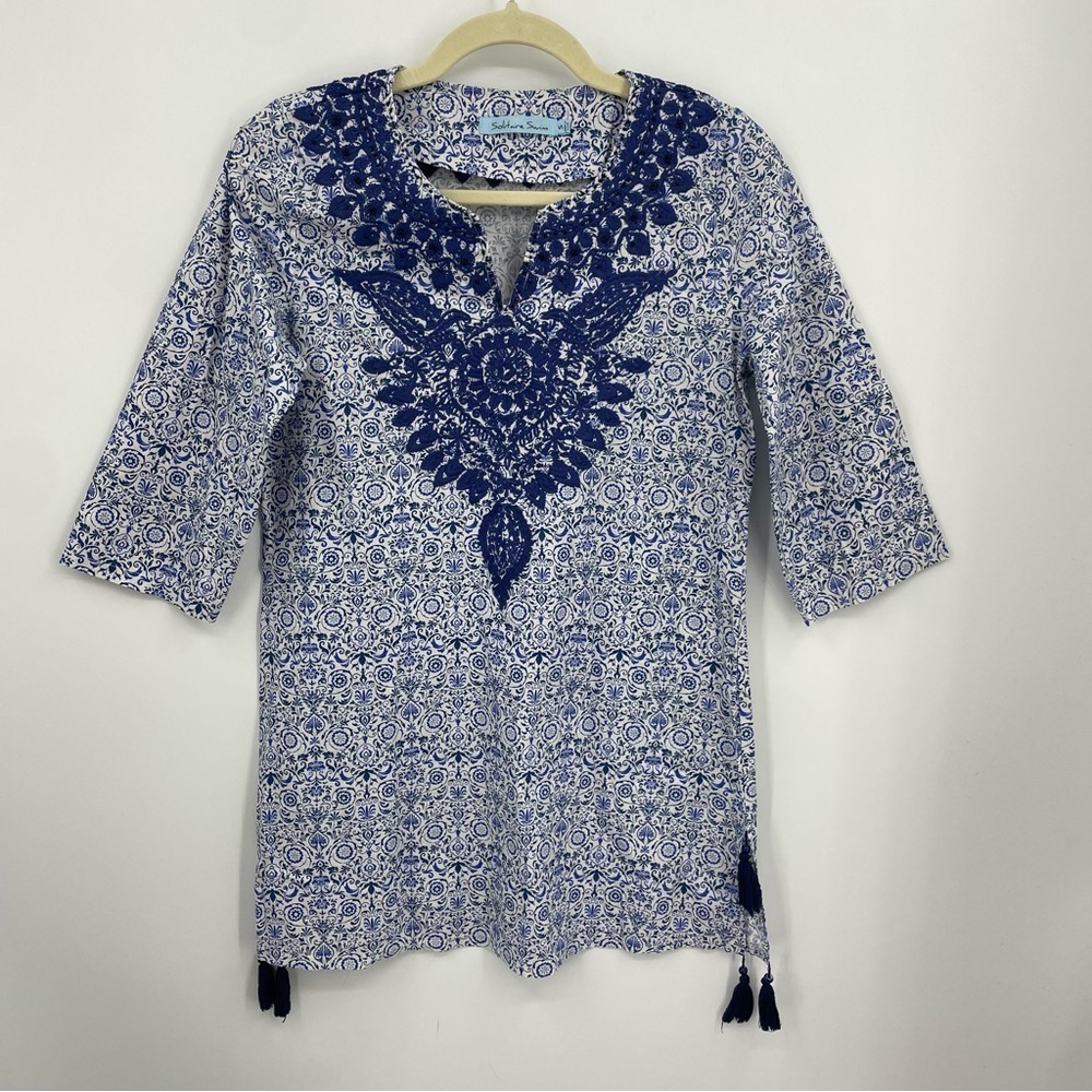 Solitaire Swim Tunic Cover-Up Dress Womans Size S blue‎ embroidered print tassel